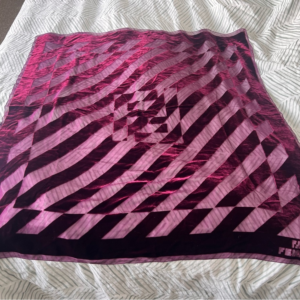 Fendi Burgundy Velvet and mousseline Geometric Scarf NWT